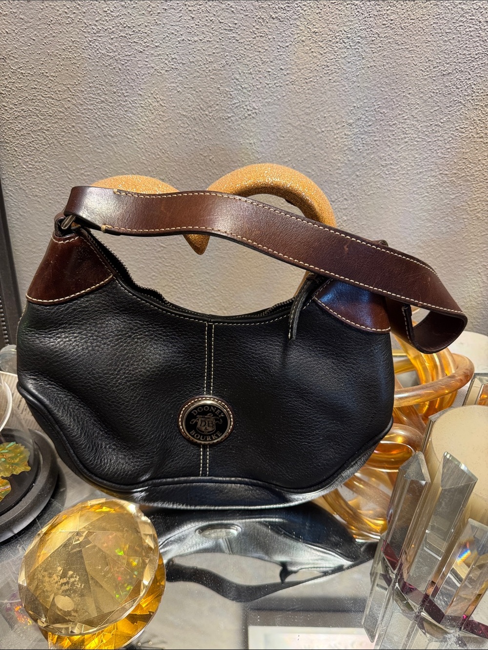 Dooney & Bourke Black Leather Shoulder Bag with Brown Trim